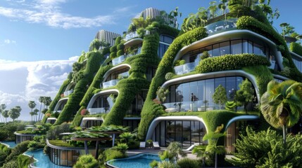 A modern building featuring a lush green roof, blending nature and architecture in an urban setting.