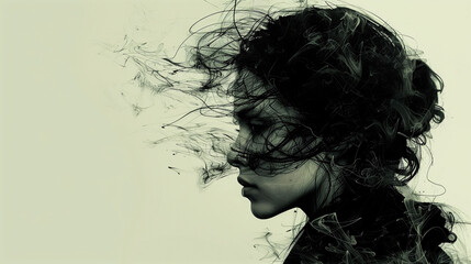Fototapeta premium Artistic black and white profile of a woman with her hair transforming into smoke-like tendrils.
