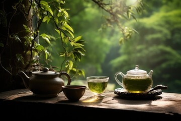 A tea pot and a cup of green tea placed on a table. Generative AI