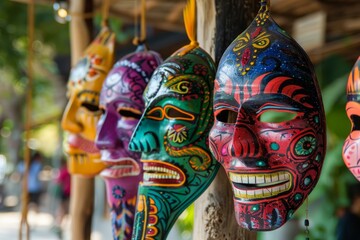 Colorful artisan masks hanging at a street market, showcasing cultural artistry