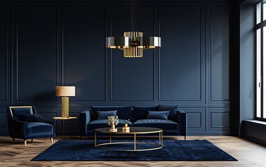 Modern interior design of a living room with a navy blue wall, sofa and coffee table, golden chandelier, armchair and black carpet on a wooden floor