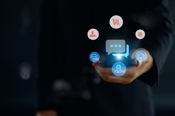 Social media and digital online concept, man using smart phone with Social media. The concept of living on vacation and playing social media. Social Distancing ,communication.