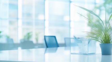 Dynamic blur: modern business office interior, ideal for corporate concepts and meetings - light blue tones create inviting atmosphere.

