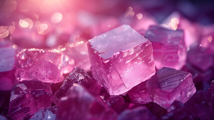 Close-up of vibrant pink and purple crystal formations with a sparkling background.