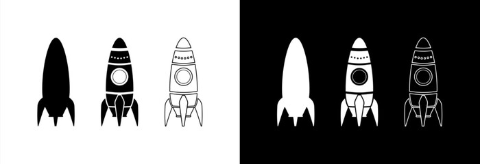 Space rocket with a jet engine. Icon on a white and black background.