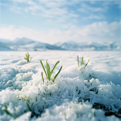 Capture the essence of winter with very close-up photography of plants on snow-covered ground, revealing nature's resilience. AI generative.