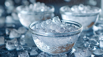 Clear glass bowls filled with ice cubes, surrounded by scattered ice and water droplets on a reflective surface.
