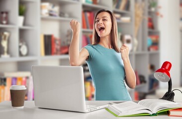 Joyful business woman worker freelancer sitting at desk