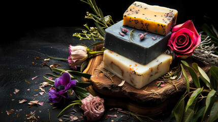 luxurious handmade soaps with flowers and natural elements on dark background