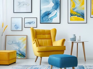 Modern interior design of a living room with a yellow armchair, a blue footstool and paintings on a white wall background