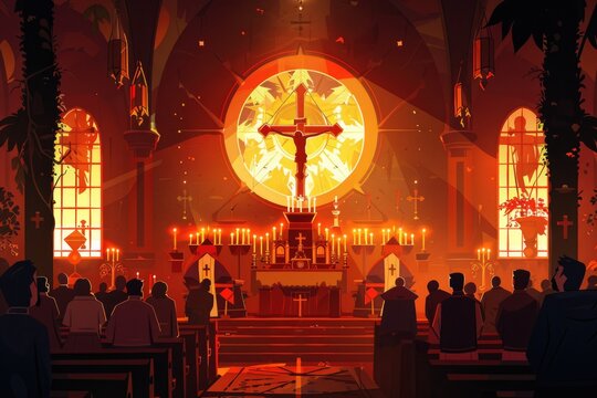 Group of people in front of a church, suitable for religious or community events