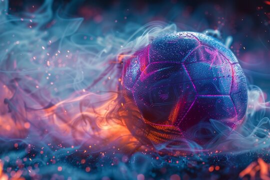 Dazzling 4k wallpaper image featuring a soccer ball enveloped in vibrant, neon light trails