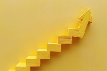 A wooden staircase leading up to a bright yellow wall. Suitable for interior design concepts