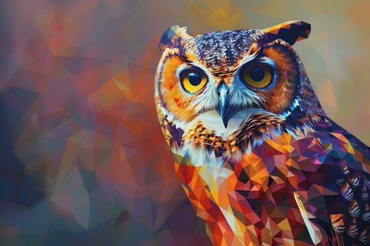 Vibrant and modern colorful geometric owl illustration with abstract low poly design on a blurred background, inspired by wildlife and nature, perfect for trendy wall prints