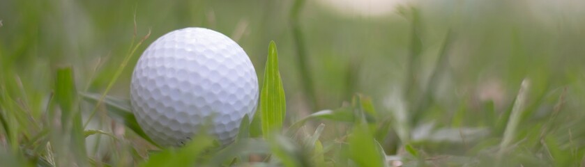 A close up of a golf ball sitting on the grass of a golf course fairway