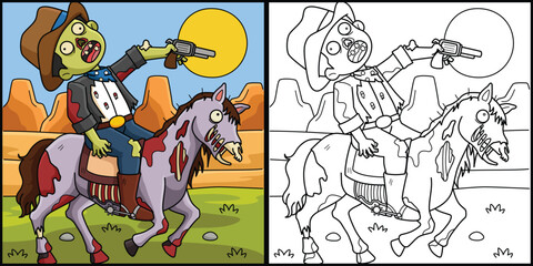 Zombie Cowboy Coloring Page Colored Illustration