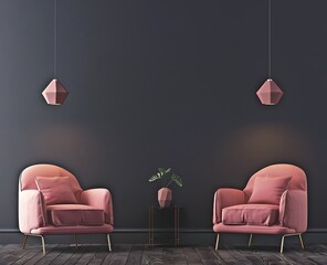 Modern interior design of a living room with pink armchairs and geometric lamps on a dark wall background, mock up of an empty space for text stock photo in the style of minimalistic style