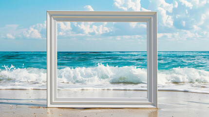 A white picture frame against a beach with white sand and blue waves