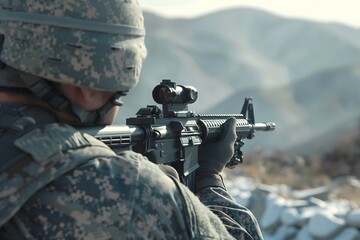 Fototapeta premium A soldier stands in front of towering mountains, holding a rifle in a vigilant stance
