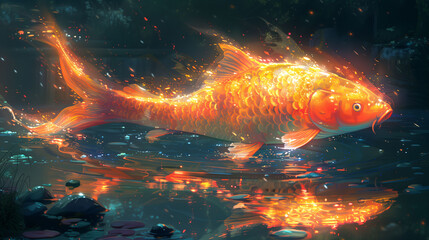 A vibrant digital illustration of a large golden fish swimming in a mystical pond at night, surrounded by glowing lights and reflections.