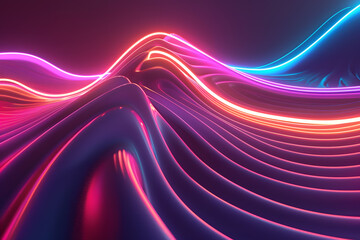 Technology background. Blue, orange and pink lines create wave on dark background, simulating the movement of massive data stream. 