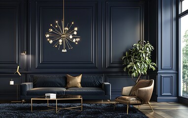 Modern interior design of a living room with a dark blue wall, sofa and coffee table, golden chandelier, armchair and black carpet