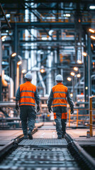 Two oil and gas workers on an industrial platform