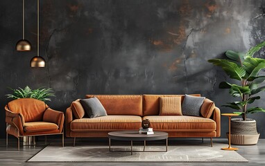 Modern interior design of a living room with a sofa, armchair and coffee table against a dark gray wall