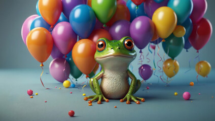cute baby frog with balloons on background