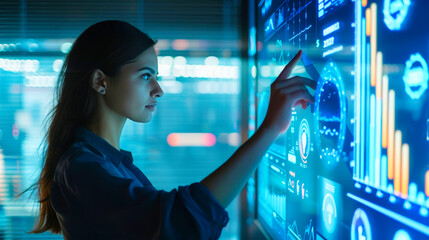 A businesswoman operating a touch screen display with data charts and graphs