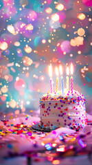 A birthday cake with candles on blurred background