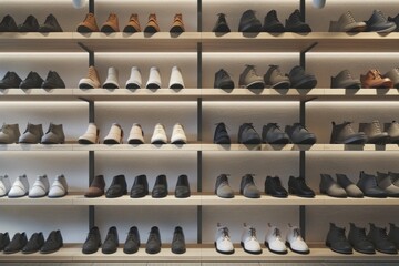 A display case filled with a variety of different types of shoes. Perfect for showcasing footwear collections