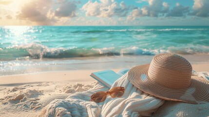 An artistic composition of a sunhat, sunglasses, and a novel lying on a beach chair, with the calm ocean stretching out behind, offering a tranquil background with space for inspirational text,