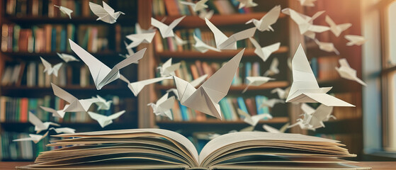 A featuring futuristic paper birds flying out of an open book. This image captures a sense of creativity and imagination, blending the concepts of nature and technology.