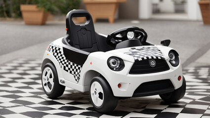 A white and black toy car with a checkered flag pattern on the seat.