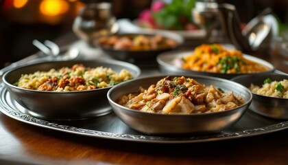 A wooden dining table topped with four bowls filled with various foods, silver platter underneath,...