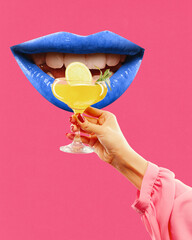 Poster. Contemporary art collage. Female hand holds tropical cocktail near huge lips with blue lipstick against pink background. Concept of parties, celebration, holidays, music and dance. Ad