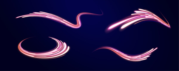 Obraz premium Curved light trail stretched upward. Vector Illustration. Comet with a long bright tail in outer space. Expressway in long delay, with car lights at night on autobahn. 