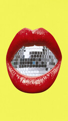 Poster. Contemporary art collage. Mouth with red lipstick on lips blowing disco ball as bubble gum against yellow background. Concept of parties, celebration, holidays, music and dance. Ad