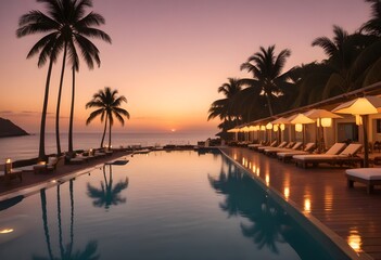 Obraz premium A luxury resort pool overlooking the ocean at sunset, with floating lanterns and umbrellas, a wooden deck and palm trees in the background 
