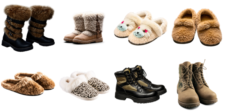 A set of different types and styles of shoes, PNG with transparent background, AI