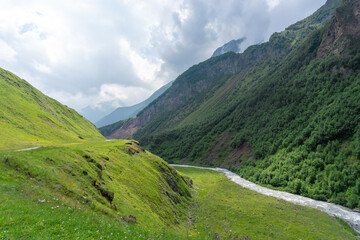 Canyon of the Terek River among mountains and rocks. Green grass and bushes on the rocks