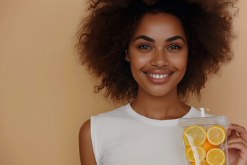 A radiant 30-year-old woman without makeup is smiling and holding an IV vitamin bag with orange slices against a beige background, promoting IV drip therapy