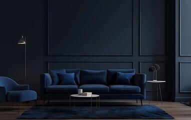 Modern interior design of a dark living room with a sofa, armchair and coffee table against a navy wall background
