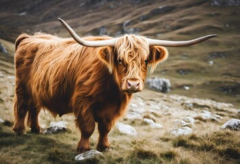 A view of a Highland Cow in a field