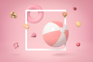 3d rendering of striped pink and white beach ball floating through square white frame