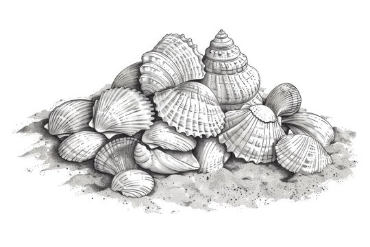 A pile of shells on a sandy beach, perfect for nature and summer-themed designs
