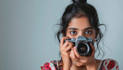 indian woman holding dslr camera and taking photo