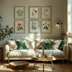 Modern living room with furniture and wall decor. Generative AI