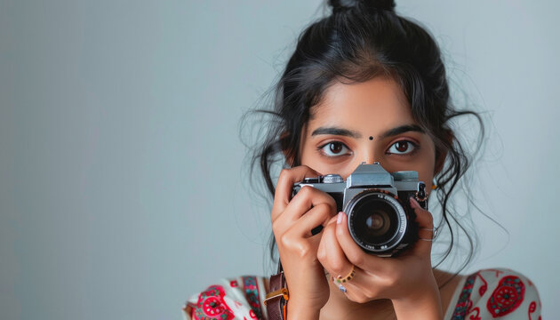 indian woman holding dslr camera and taking photo